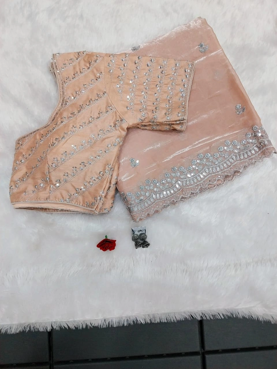 Crystal Sparkle Saree with Sequin Embroidered Blouse - Elegant and Glamorous-SYF-Falguni-Orange