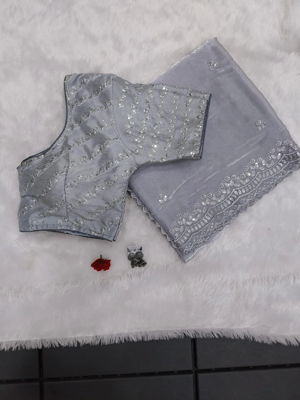 Crystal Sparkle Saree with Sequin Embroidered Blouse - Elegant and Glamorous-SYF-Falguni-Grey