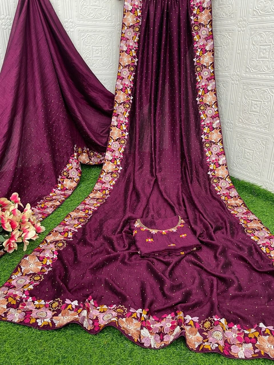 Soft Vichitra Silk Saree with Multi Thread Work and Embroidered Blouse-RVT-616-Wine