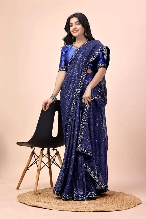 Premium Sequin Embroidered Saree with Silk Blouse - Exquisite and Glamorous!-DIV-03-Blue