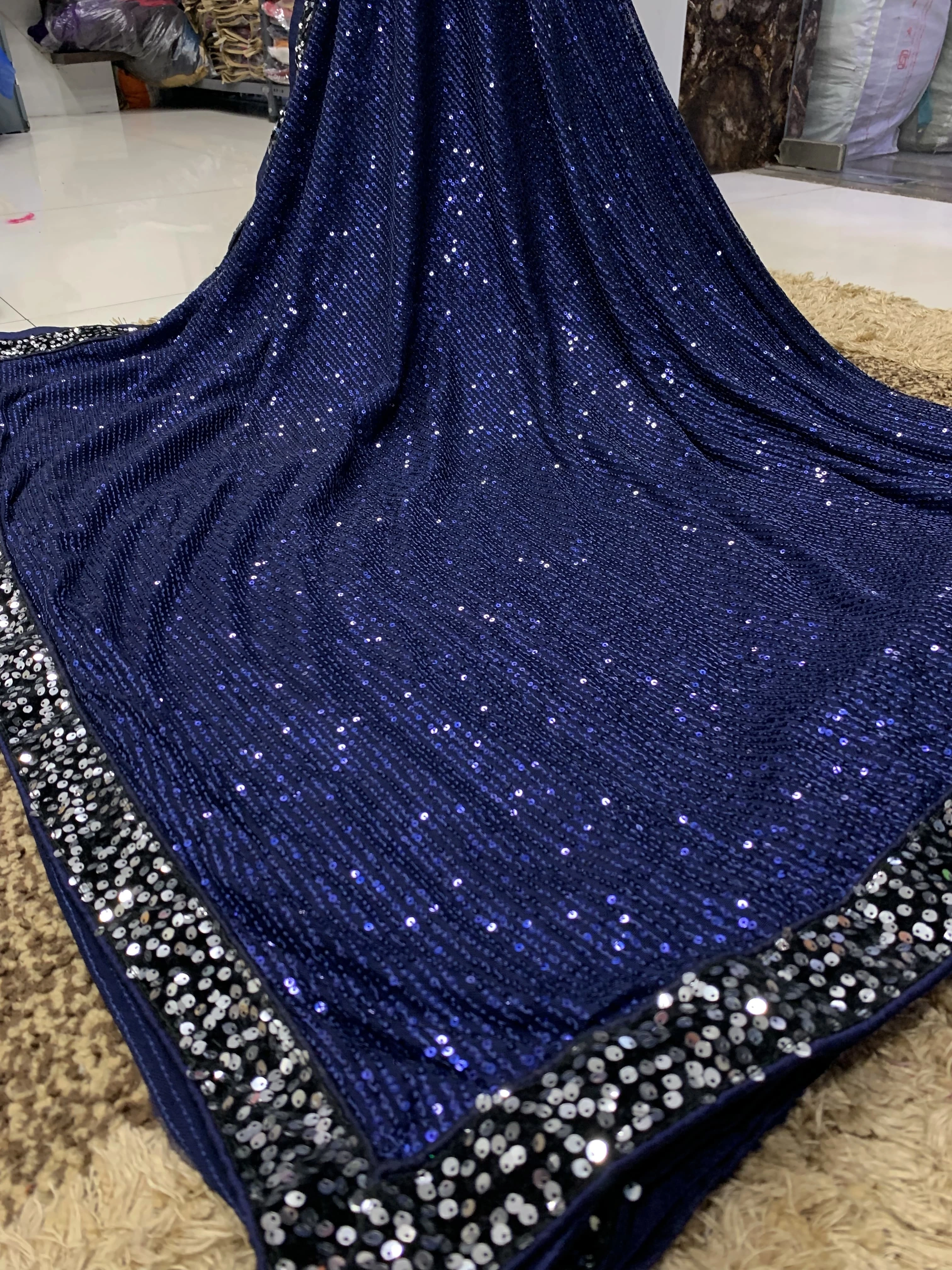 Premium Sequin Embroidered Saree with Silk Blouse - Exquisite and Glamorous!-Blue-2