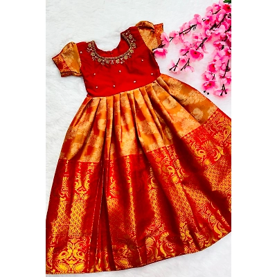 YNF Kanjivaram Silk Gown: Hand-worked Design, Sizes 1-15 Years