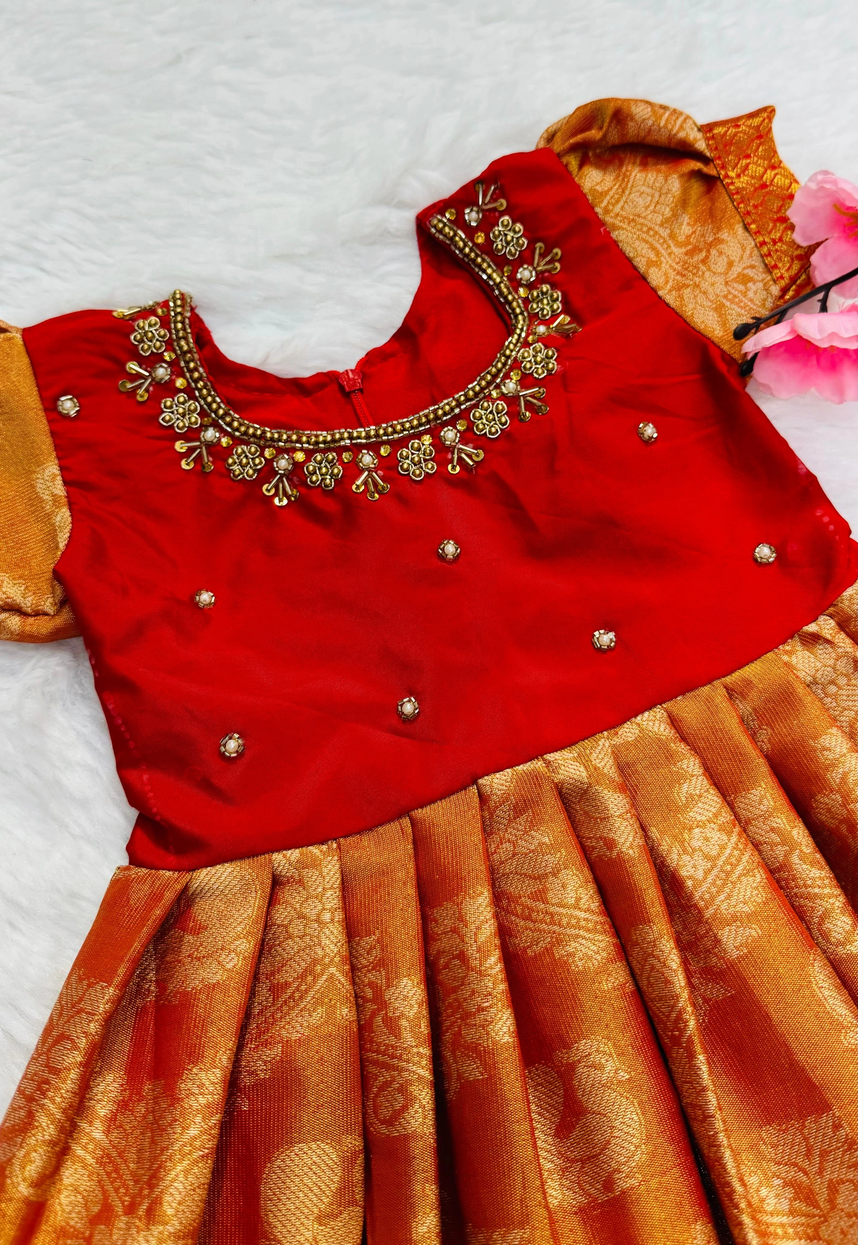 Kanjivaram Silk Gown: Hand-worked Design, Sizes 1-15 Years-Orange-1year-1