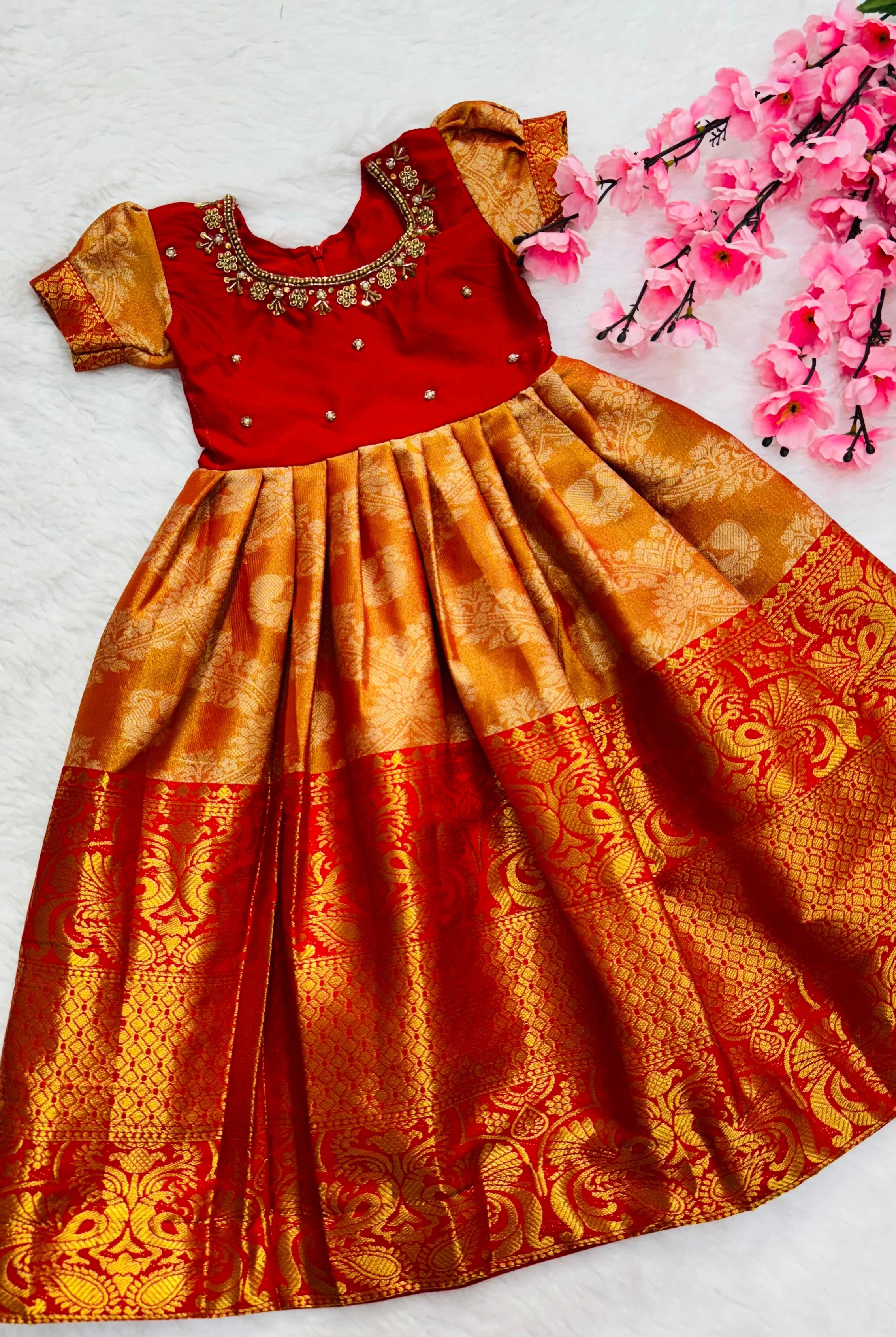 Kanjivaram Silk Gown: Hand-worked Design, Sizes 1-15 Years-REF-27-Orange-2y