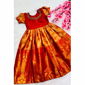 Kanjivaram Silk Gown: Hand-worked Design, Sizes 1-15 Years