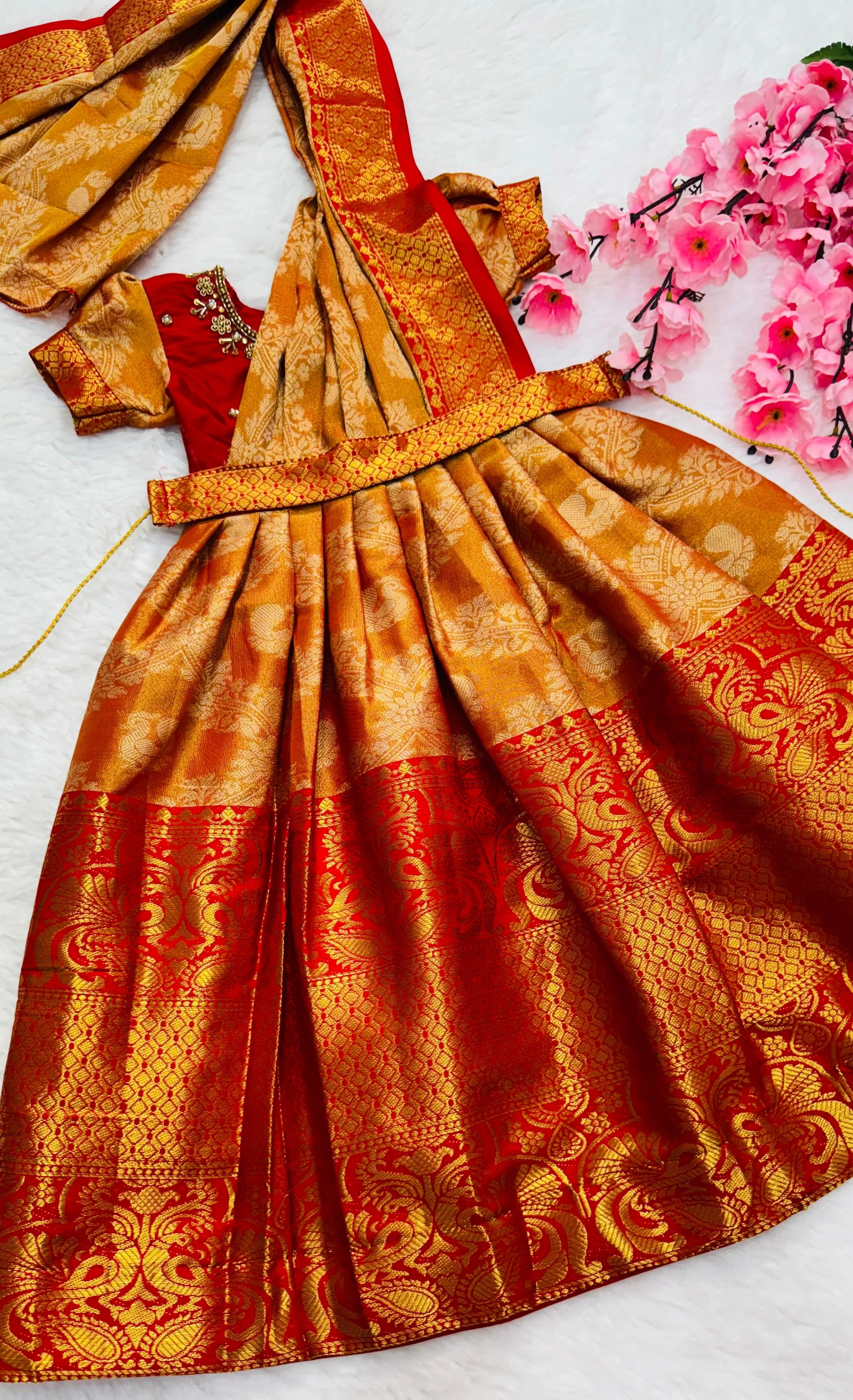 Kanjivaram Silk Gown: Hand-worked Design, Sizes 1-15 Years-Orange-2year-2