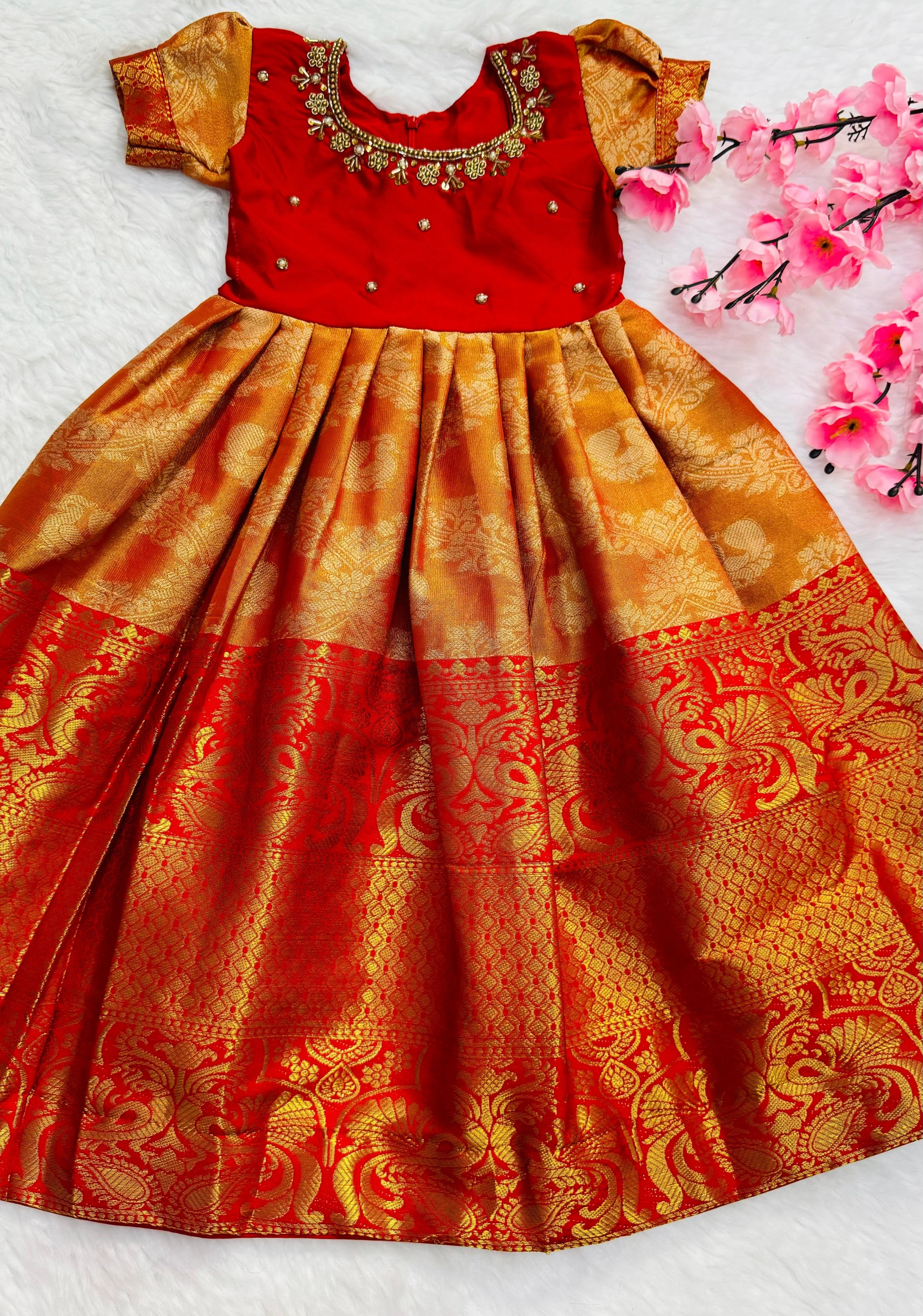 Kanjivaram Silk Gown: Hand-worked Design, Sizes 1-15 Years-Orange-2year-3