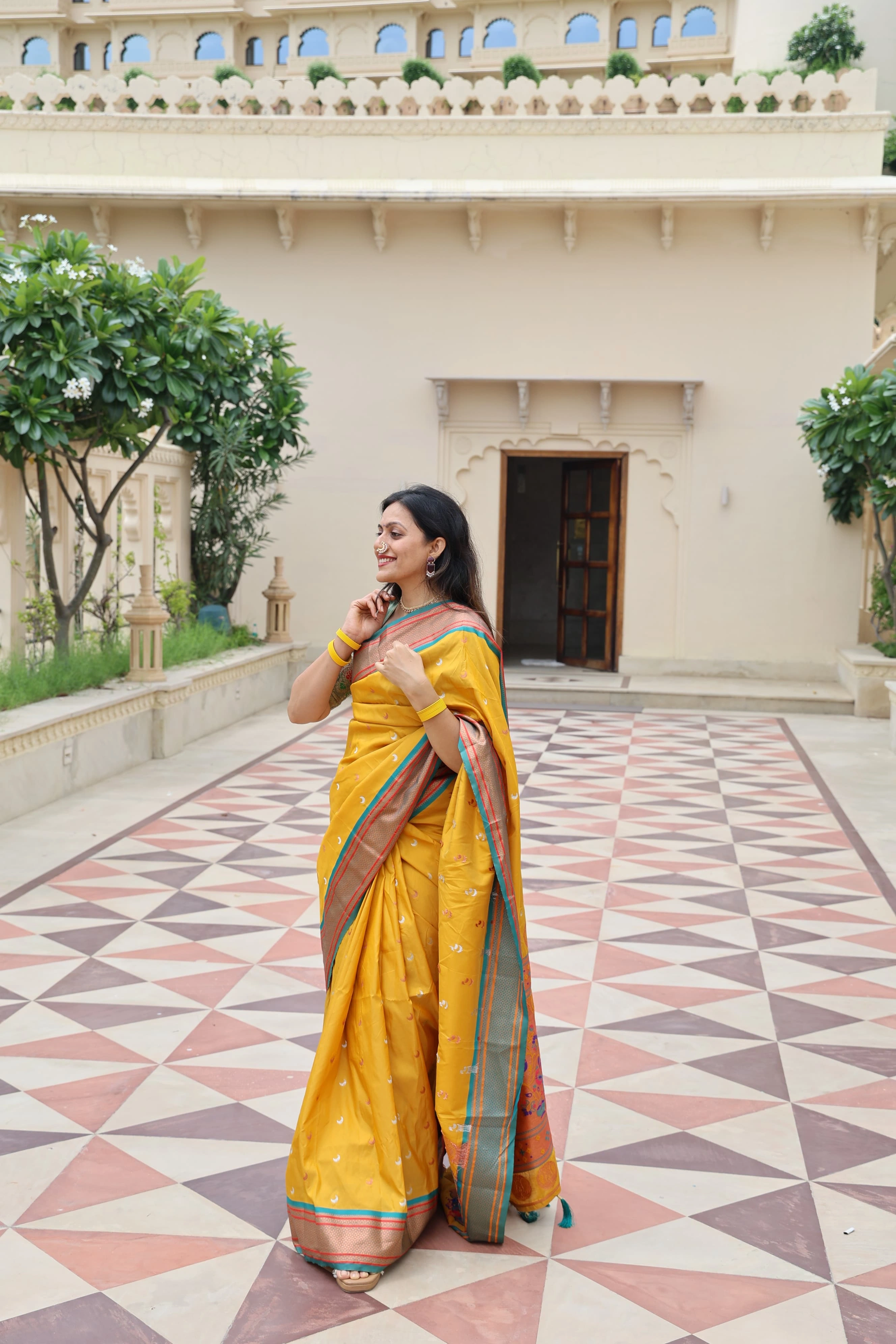 Gold Chaand Weave Silk Saree with Rich Paithani Meenakari Pallu and Brocade Blouse-REW-03-Mustard