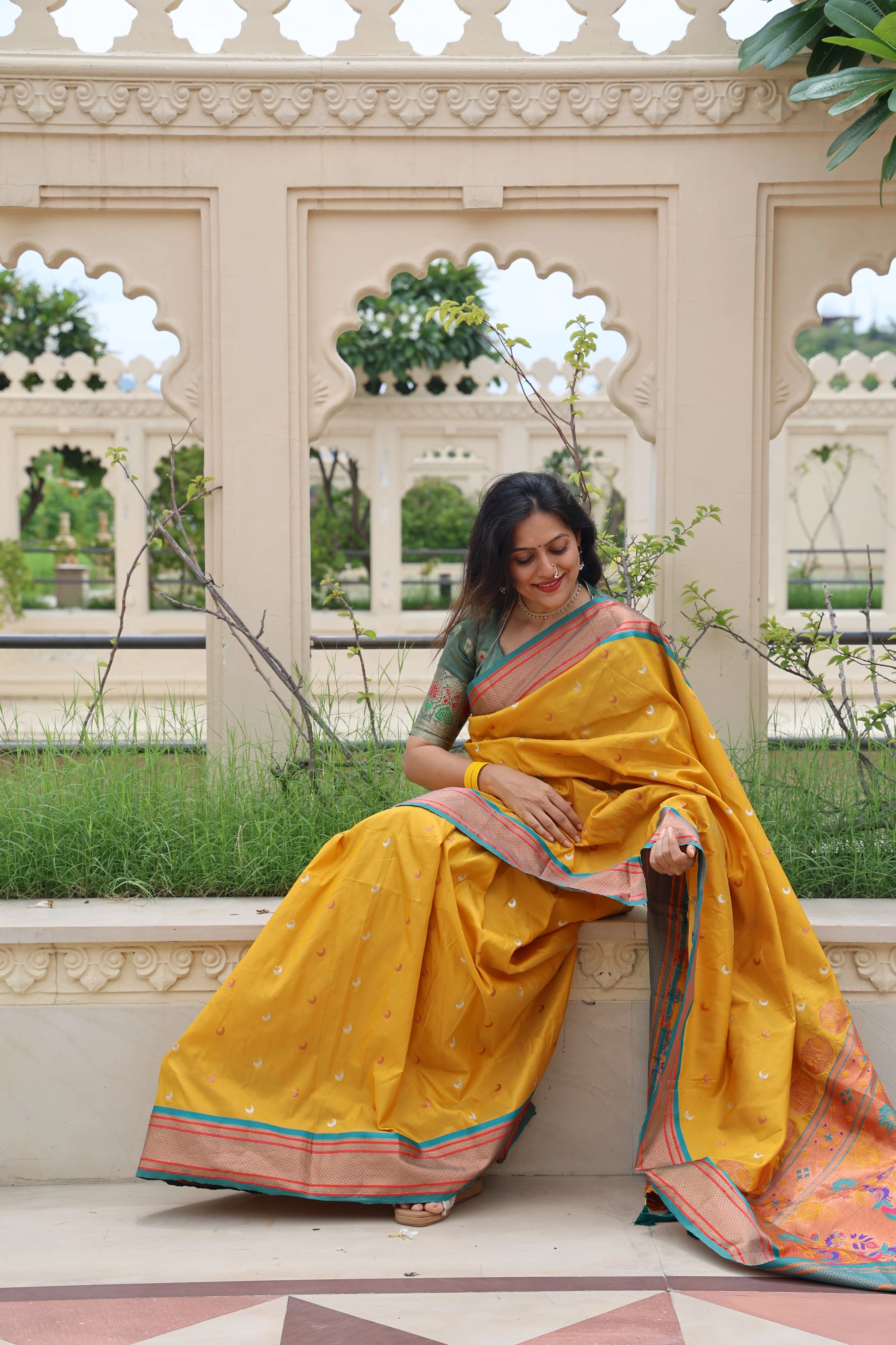 Gold Chaand Weave Silk Saree with Rich Paithani Meenakari Pallu and Brocade Blouse-Mustard-1