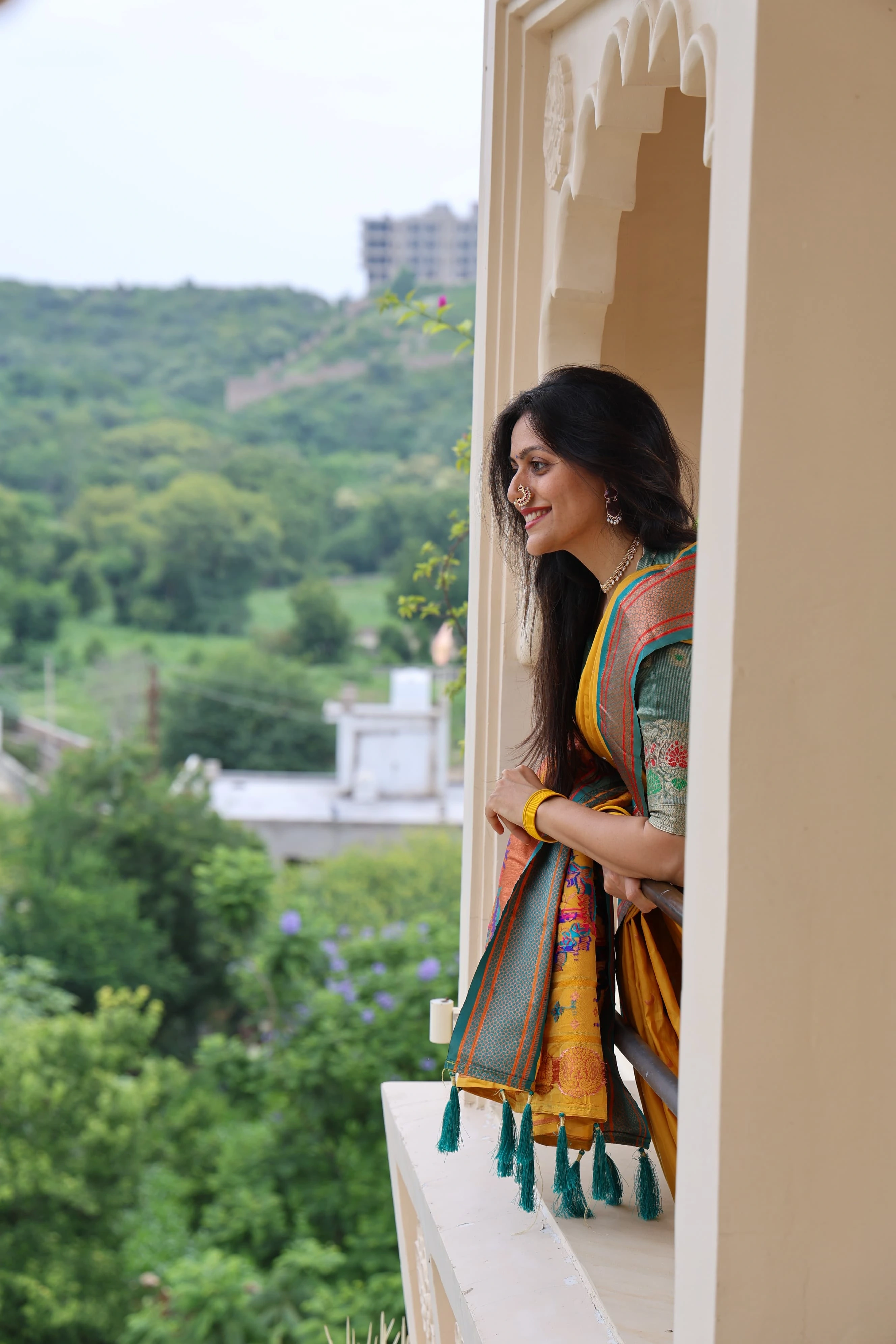 Gold Chaand Weave Silk Saree with Rich Paithani Meenakari Pallu and Brocade Blouse-Mustard-2