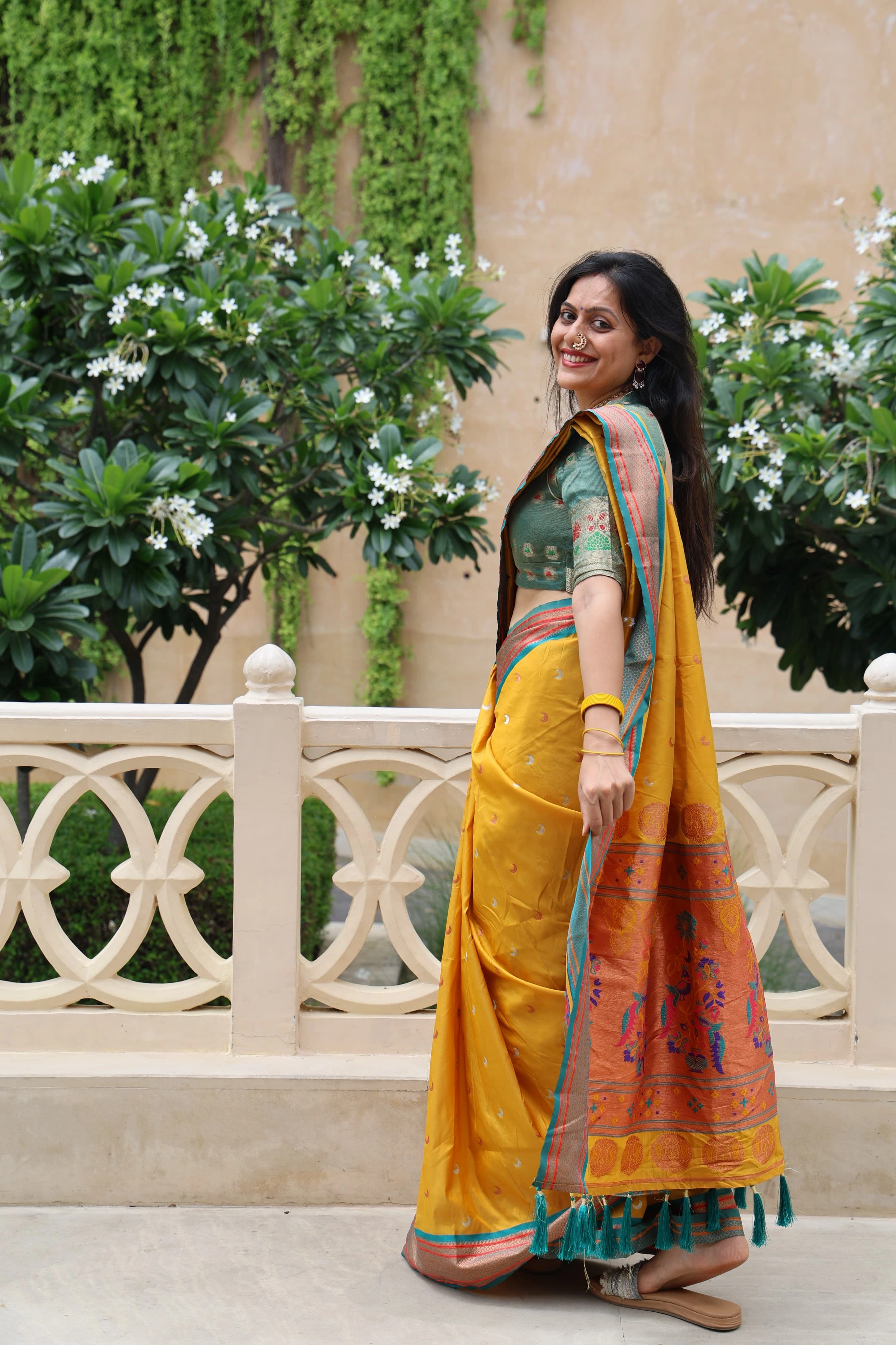 Gold Chaand Weave Silk Saree with Rich Paithani Meenakari Pallu and Brocade Blouse-Mustard-5