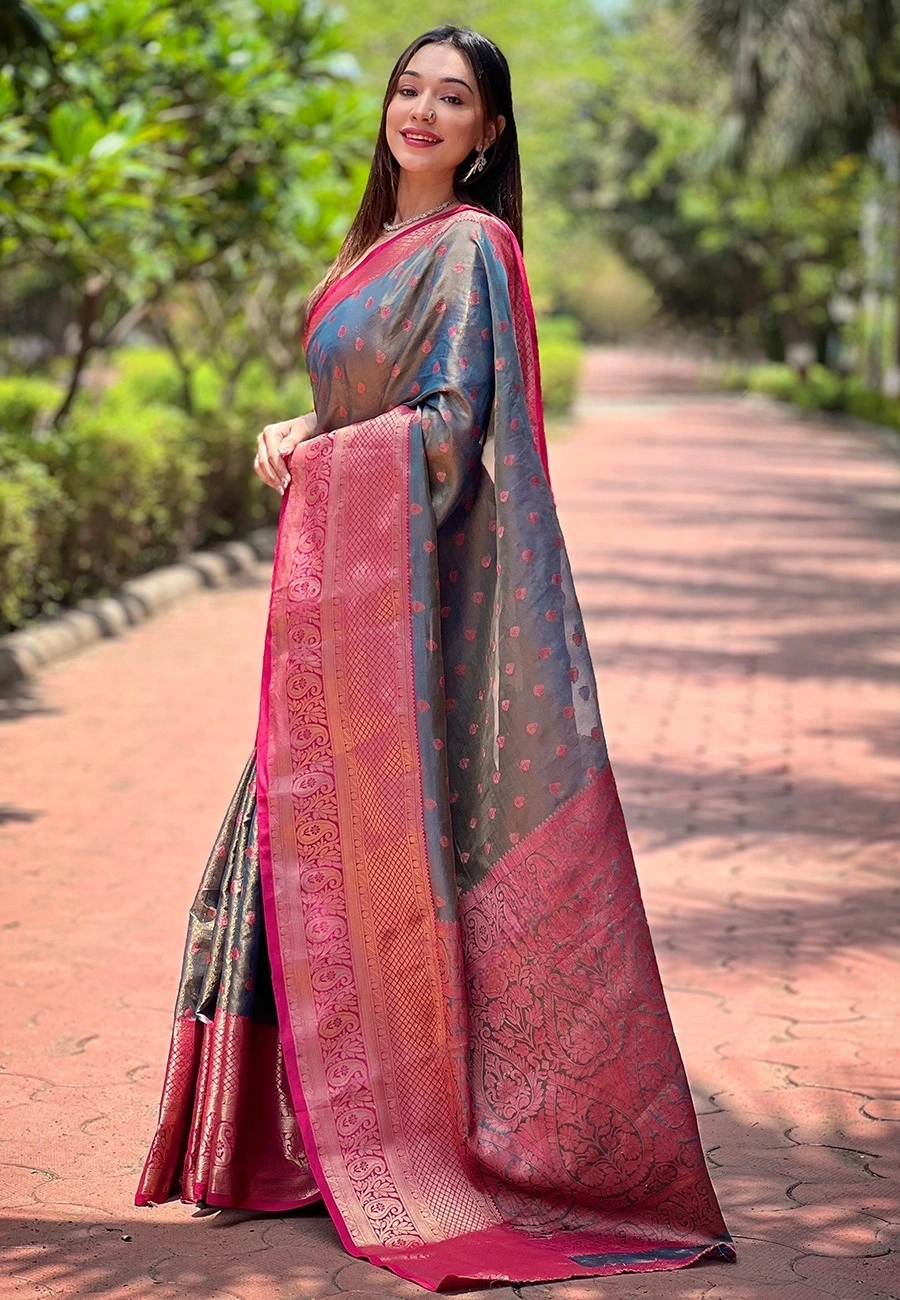 Zari Woven Kanchipuram Silk Saree with Brocade Blouse-REW-SUPERHIT-PATTU-Grey