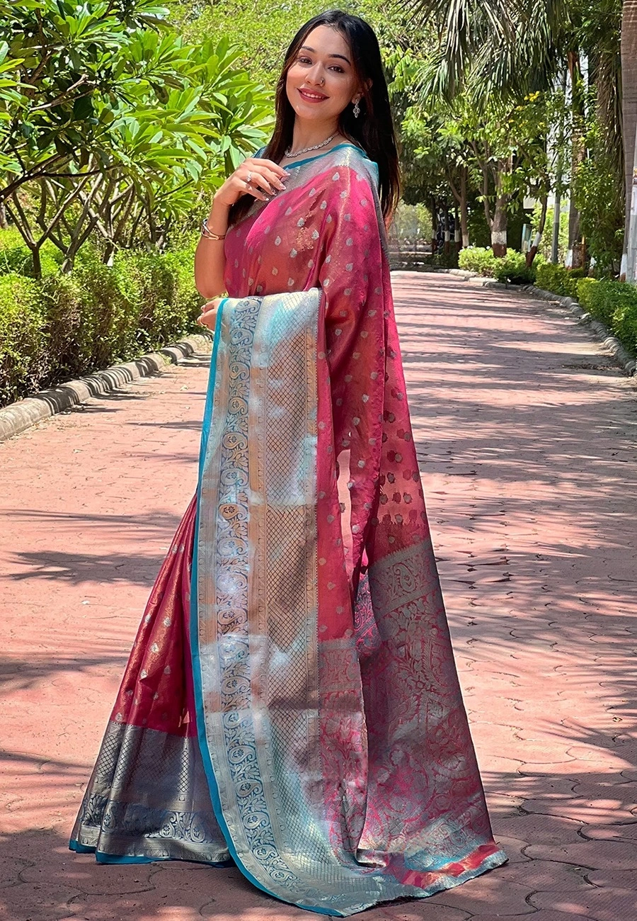 Zari Woven Kanchipuram Silk Saree with Brocade Blouse-Red-2