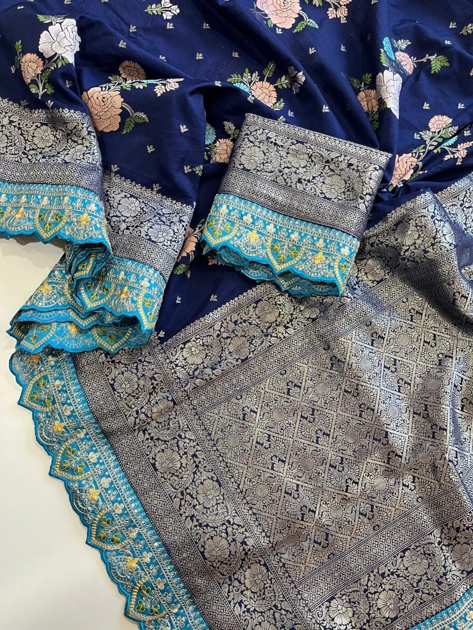 Khadi Georgette Sarees with Meenakari Weaving &amp; Fancy Work-Peacock Blue-2