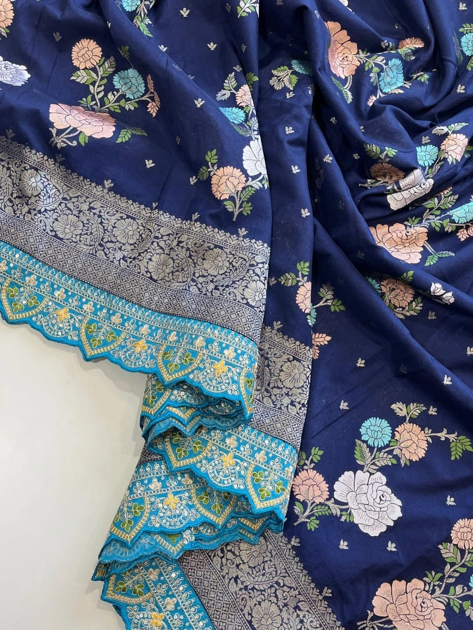 Khadi Georgette Sarees with Meenakari Weaving &amp; Fancy Work-Peacock Blue-3