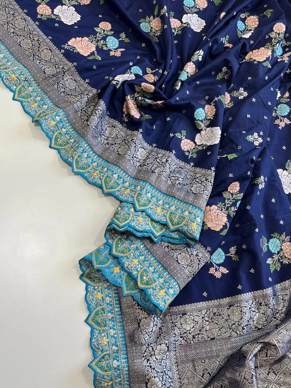 Khadi Georgette Sarees with Meenakari Weaving &amp; Fancy Work-Peacock Blue-4