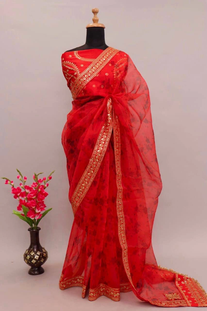 Soft Pure Organza Saree with Digital Print and Sparkling Sequins-Red-3