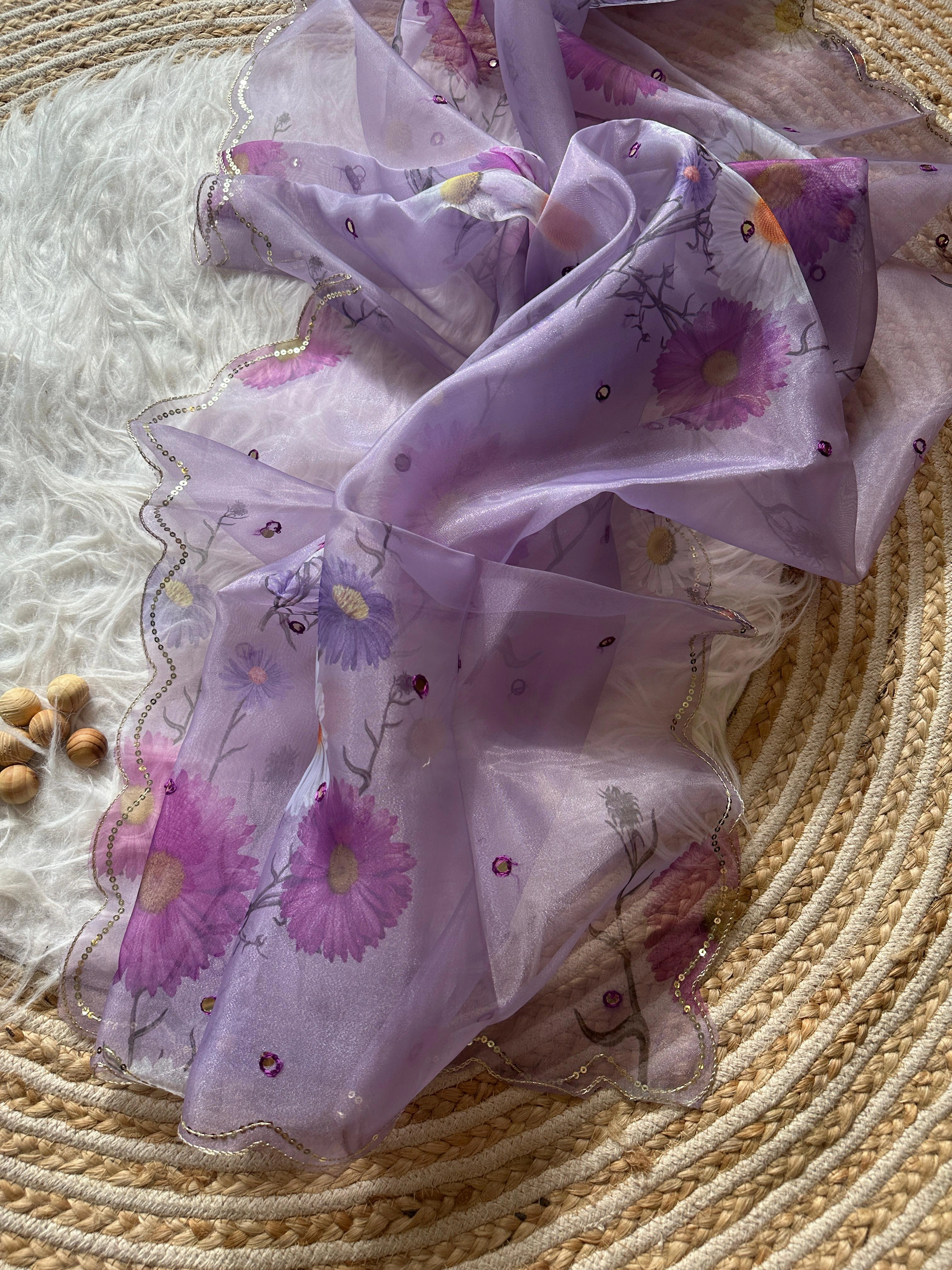 Pure Silk Organza Saree with Floral Print &amp; Foil Mirror Border-Lavender-2