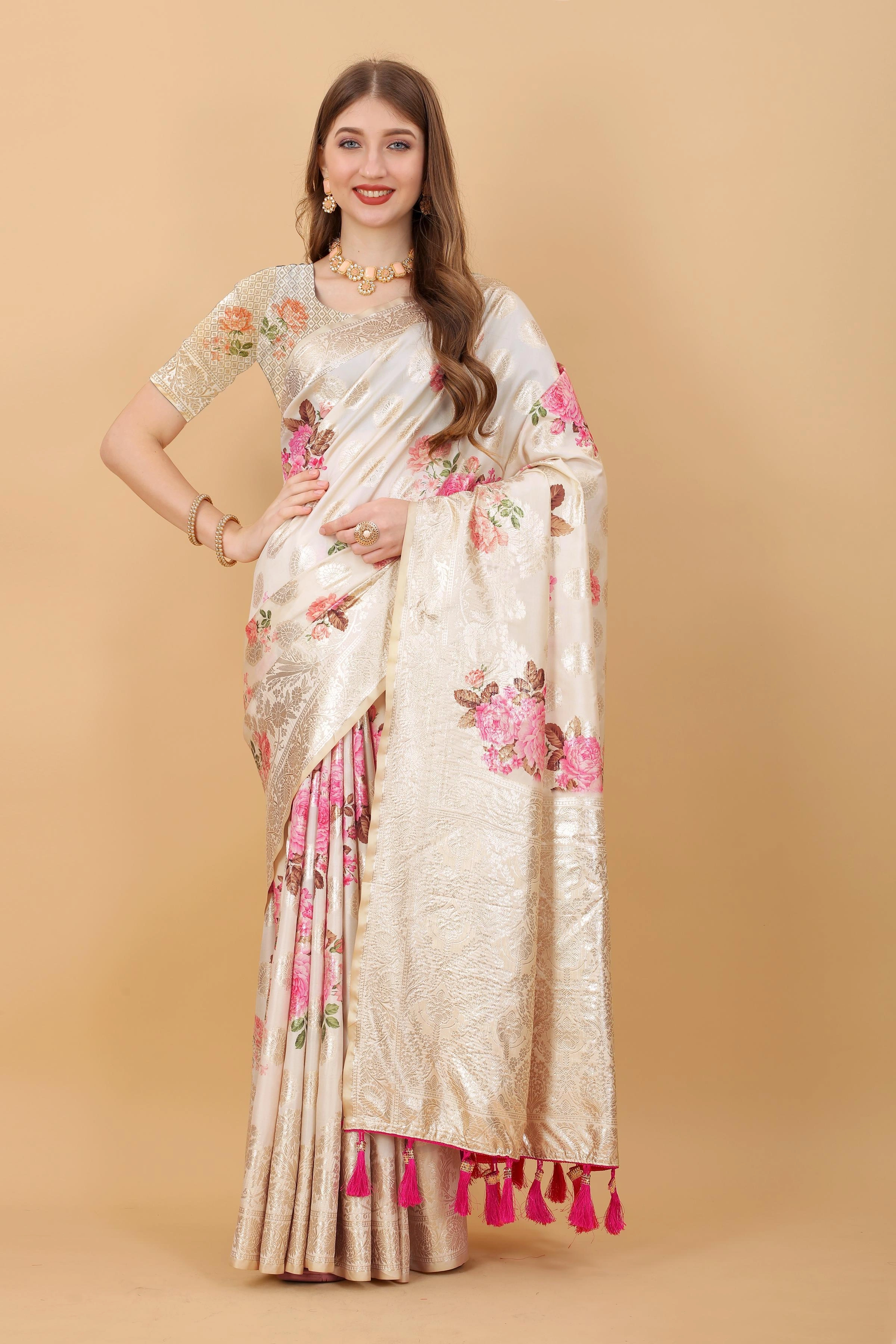 Zari-woven Soft Silk Saree with Flowery Print &amp; Rich Pallu-RMNX-Pooja-Silk-White