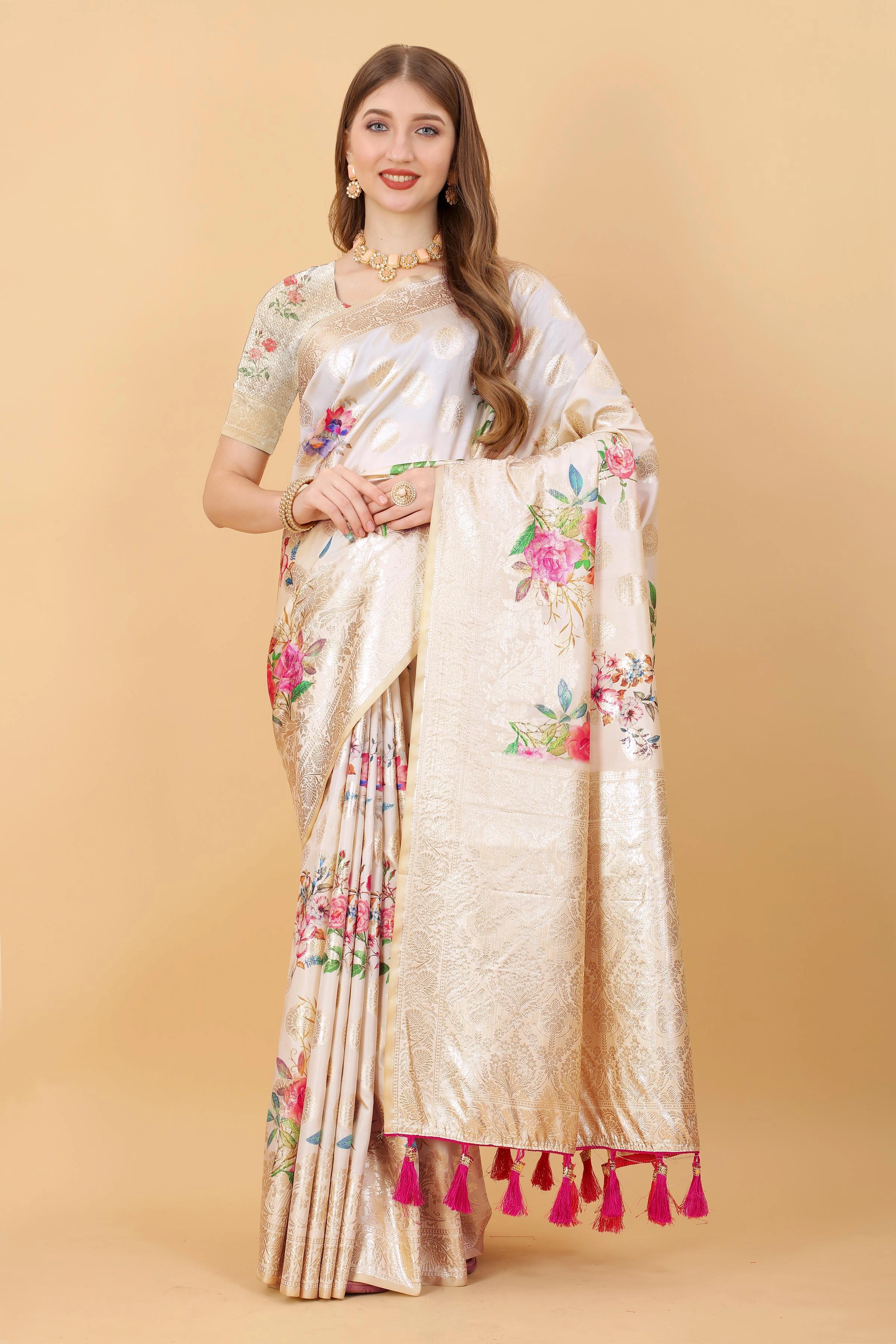 Zari-woven Soft Silk Saree with Flowery Print &amp; Rich Pallu-White-1