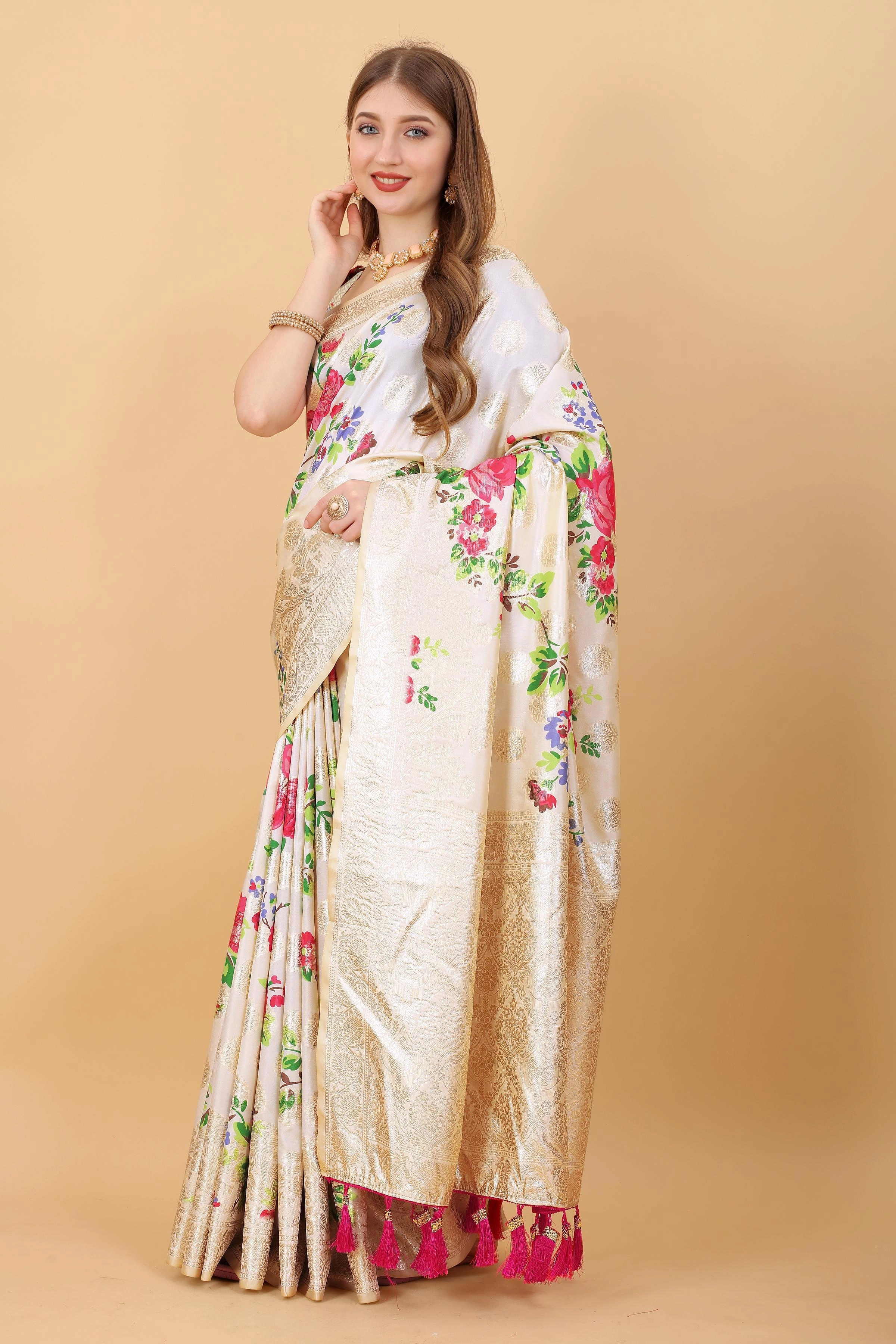 Zari-woven Soft Silk Saree with Flowery Print &amp; Rich Pallu-White-2