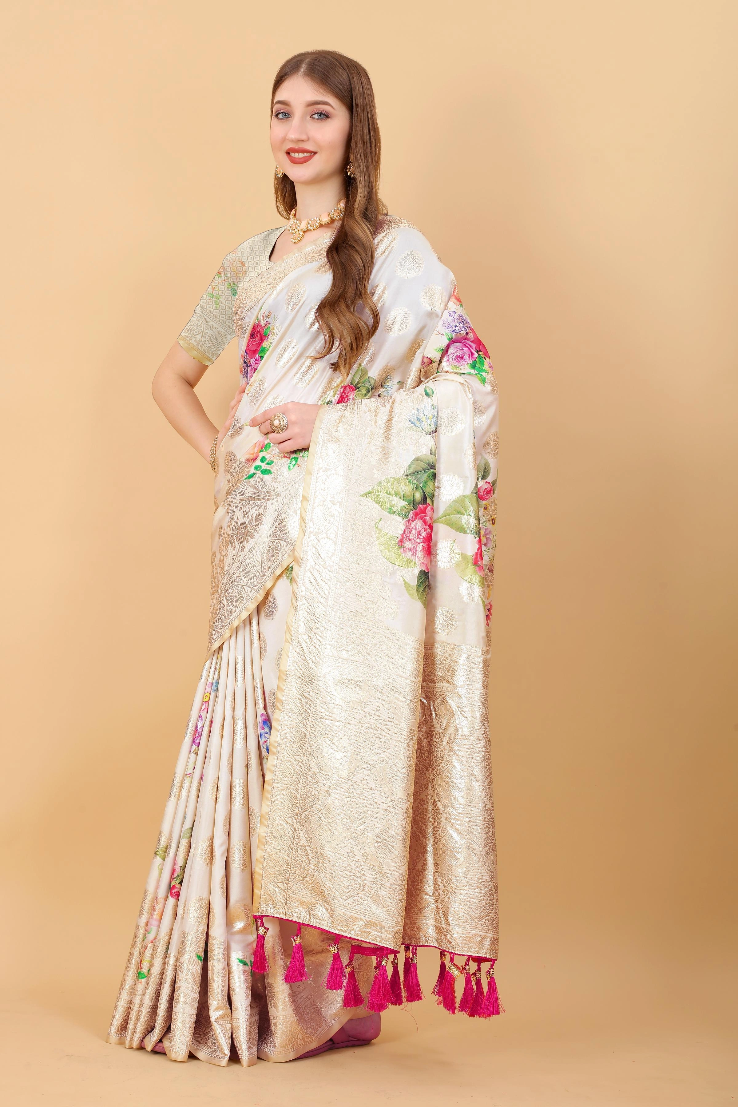 Zari-woven Soft Silk Saree with Flowery Print &amp; Rich Pallu-White-3