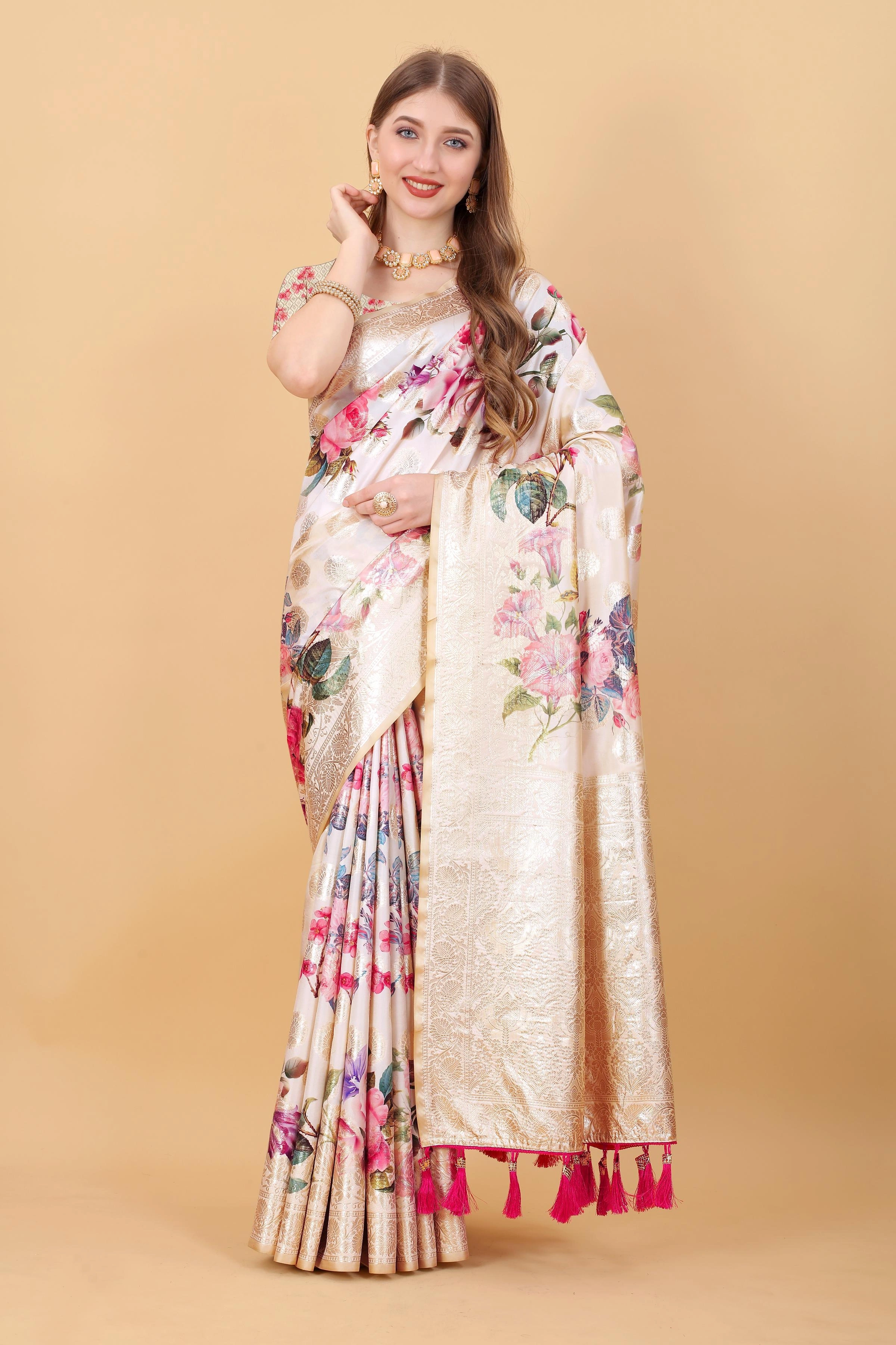 Zari-woven Soft Silk Saree with Flowery Print &amp; Rich Pallu-White-4