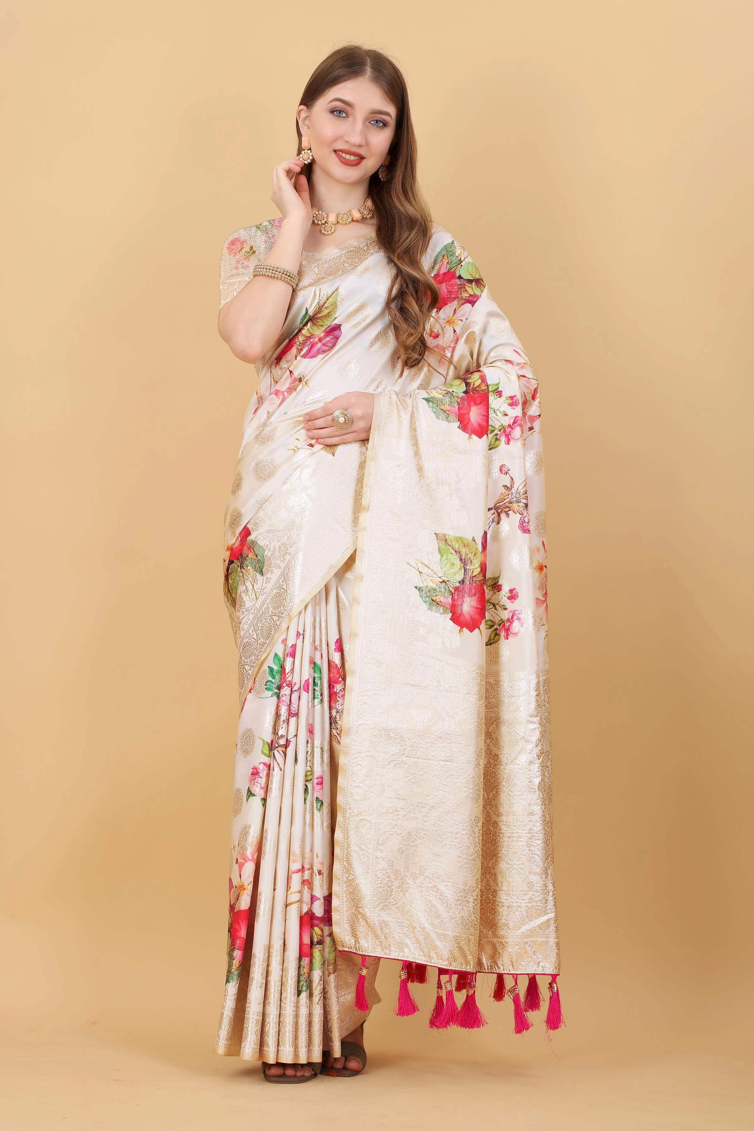 Zari-woven Soft Silk Saree with Flowery Print &amp; Rich Pallu-White-5