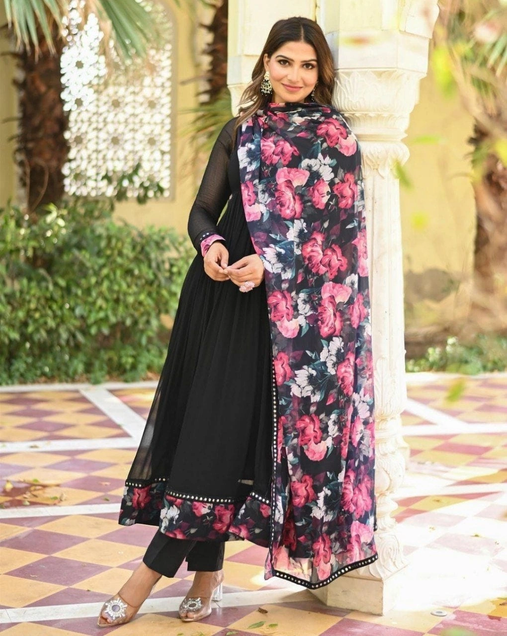 Exclusive Printed Georgette Gown with Fancy Nack Pattern and Full Chudidaar Sleeves-PRI-143-Black-XXXS