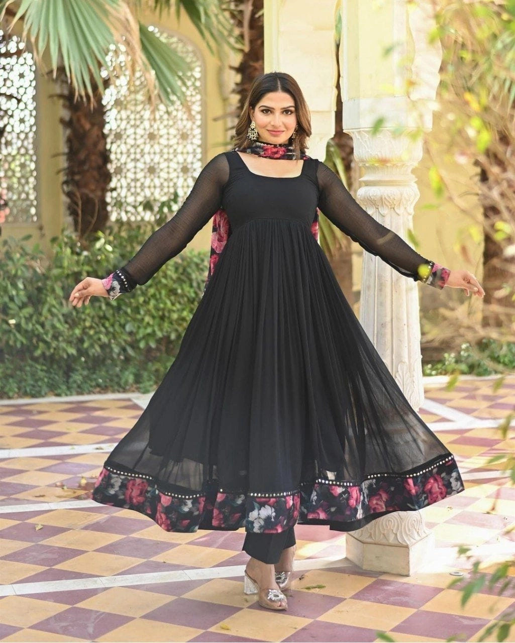 Exclusive Printed Georgette Gown with Fancy Nack Pattern and Full Chudidaar Sleeves-Black-XXXS-1