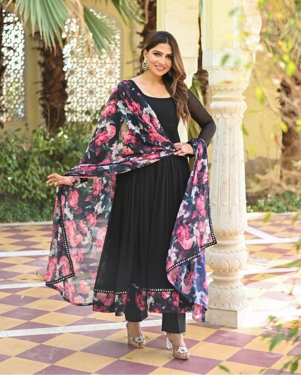 Exclusive Printed Georgette Gown with Fancy Nack Pattern and Full Chudidaar Sleeves-Black-XXXS-3