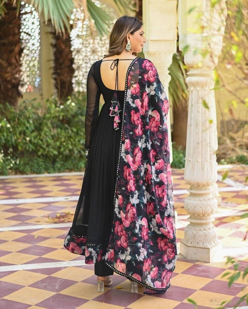 Exclusive Printed Georgette Gown with Fancy Nack Pattern and Full Chudidaar Sleeves-Black-XXXS-4