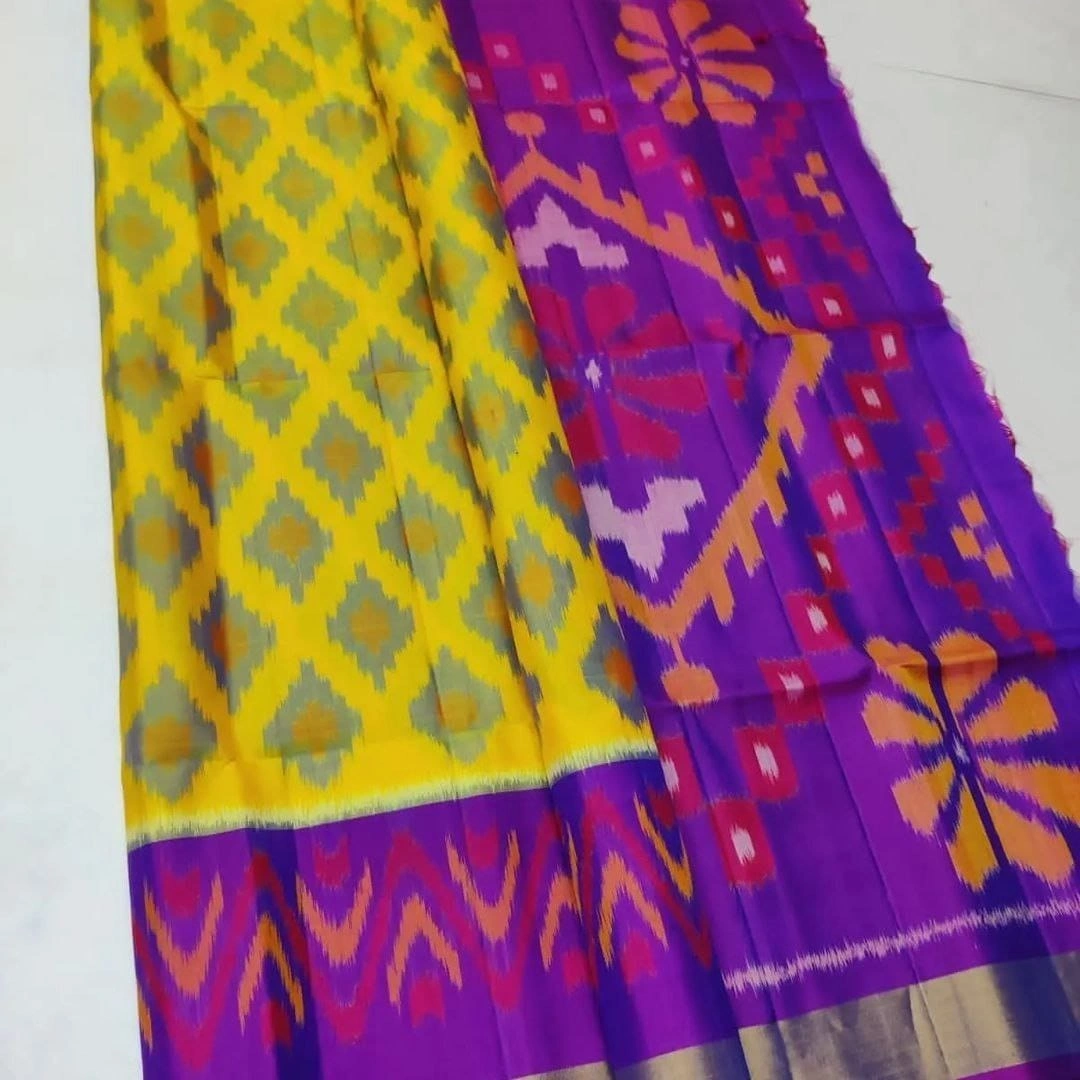 Ikkat Silk Saree with Digital Print &amp; Contrast Blouse-RRW-14-Yellow