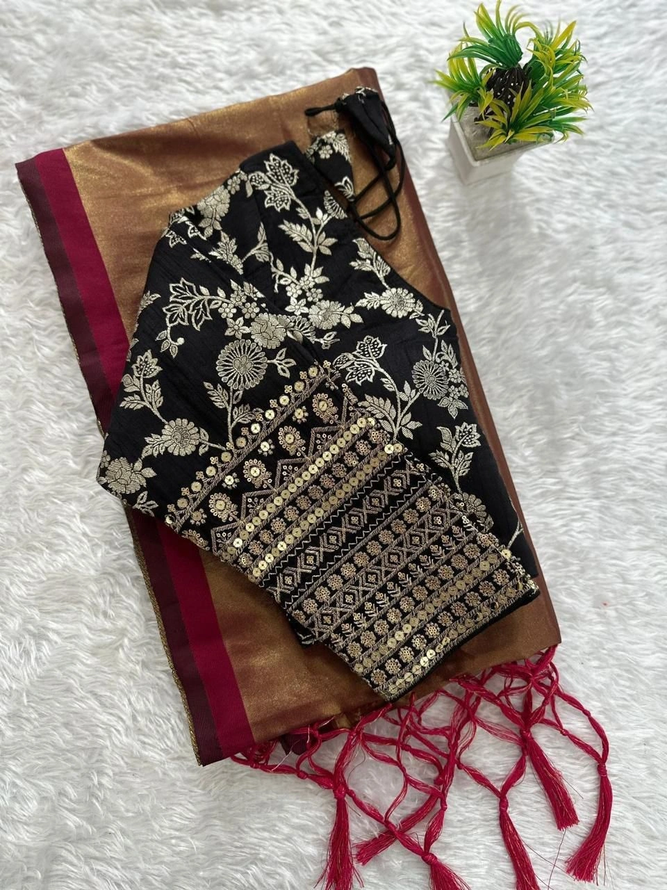 Pure Silk Saree with Weave Zari &amp; Sequnce Thread Work - Stunning &amp; Ready-to-Wear-Brown-1