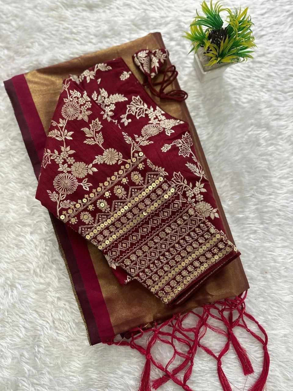 Pure Silk Saree with Weave Zari &amp; Sequnce Thread Work - Stunning &amp; Ready-to-Wear-RSF-651-B-Wine