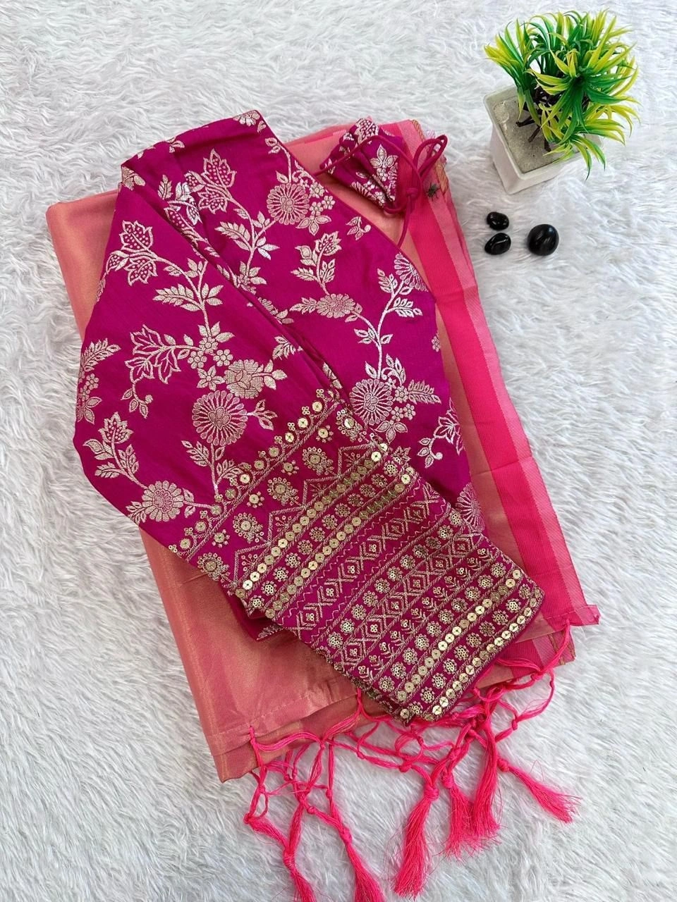 Pure Silk Saree with Weave Zari &amp; Sequnce Thread Work - Stunning &amp; Ready-to-Wear-RSF-651-B-Rani