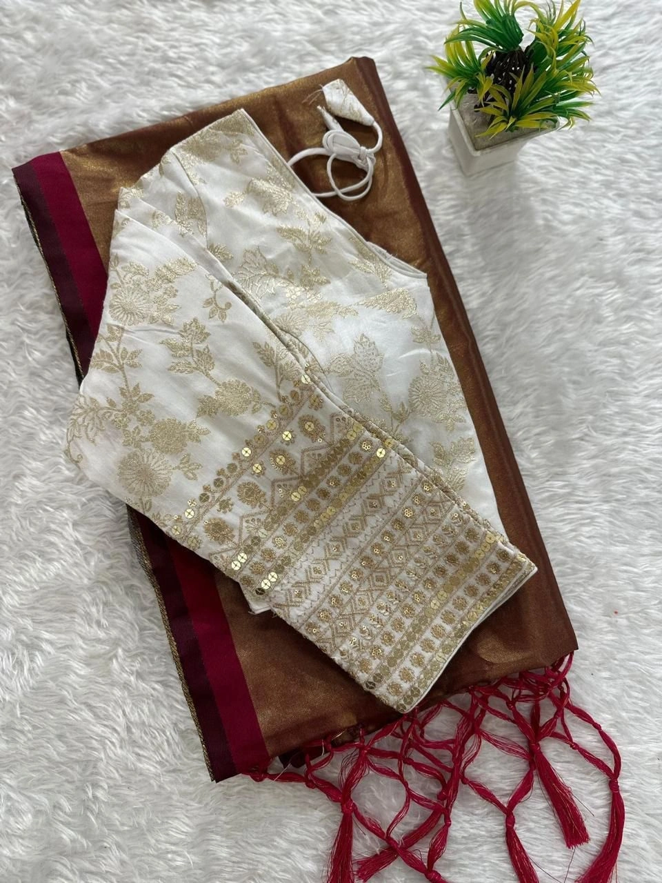 Pure Silk Saree with Weave Zari &amp; Sequnce Thread Work - Stunning &amp; Ready-to-Wear-White-1