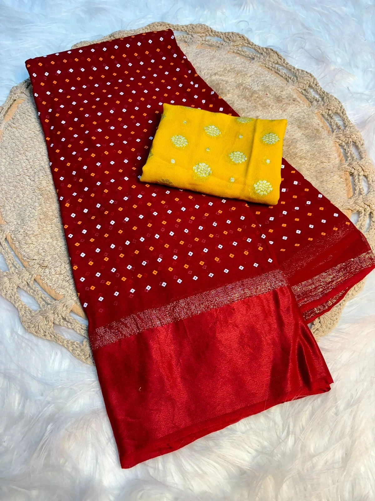 Georgette Saree with Satin Border and Table Print-Red-1