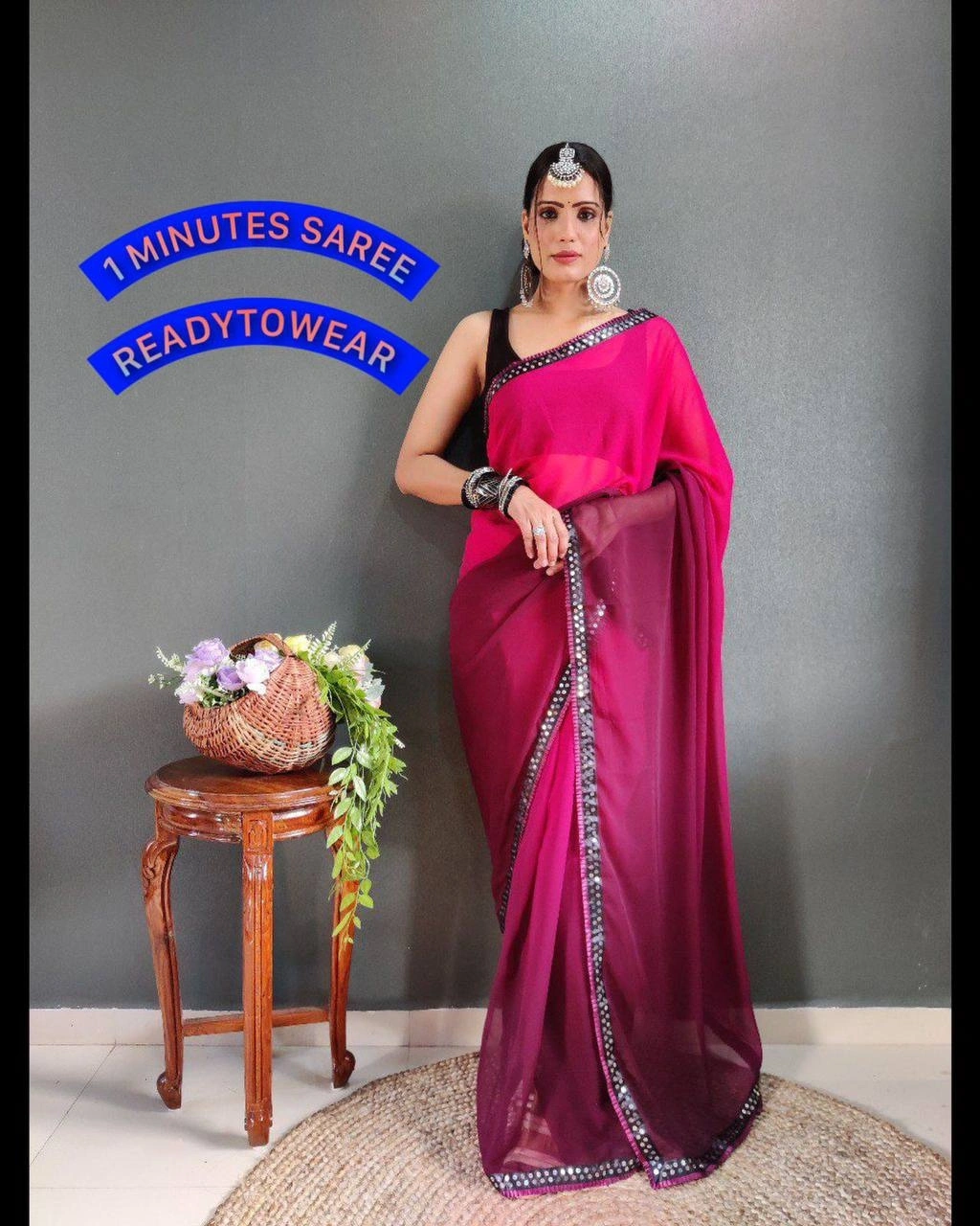 Instant Glam Saree Set - Pure Gorgette Two Shaded-RVR-11-Rani