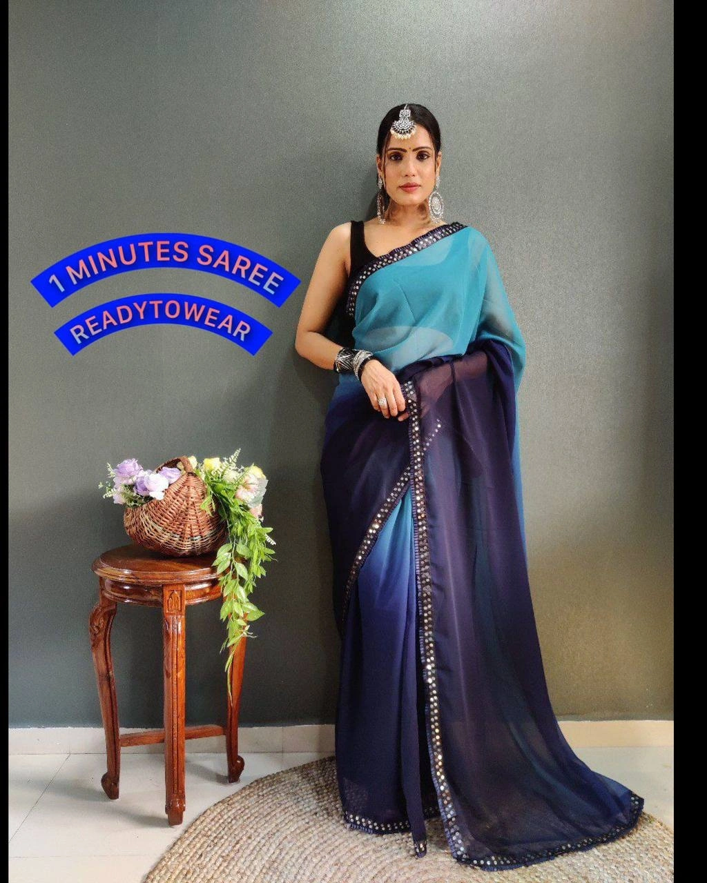 Instant Glam Saree Set - Pure Gorgette Two Shaded-RVR-11-Rama