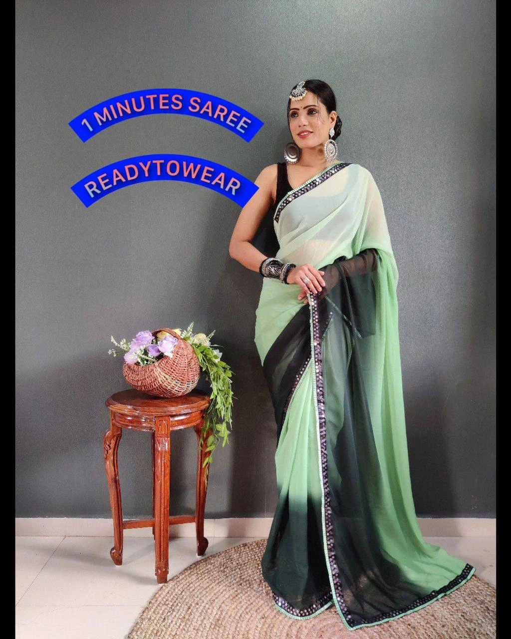 Instant Glam Saree Set - Pure Gorgette Two Shaded-RVR-11-Green