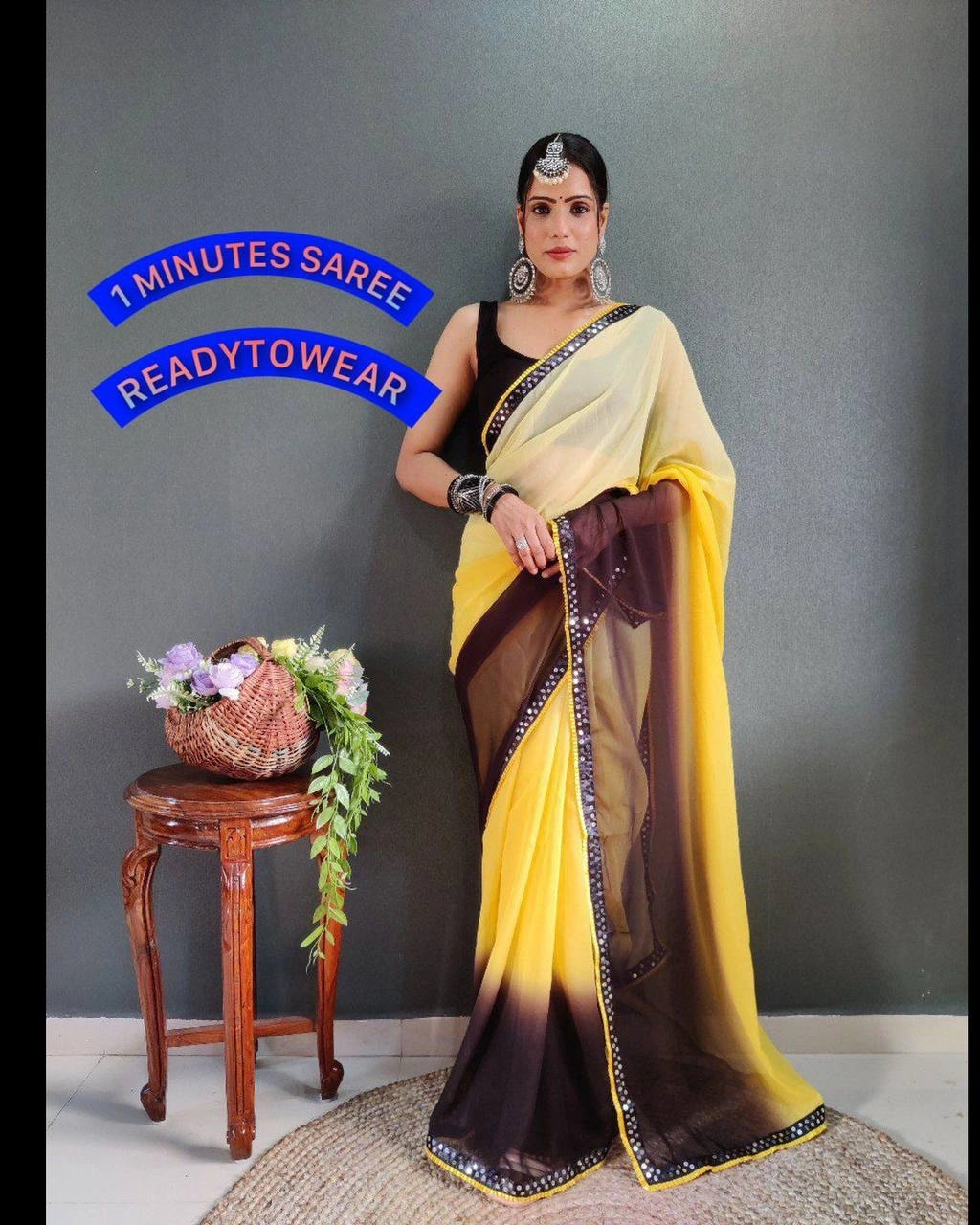 Instant Glam Saree Set - Pure Gorgette Two Shaded-RVR-11-Yellow