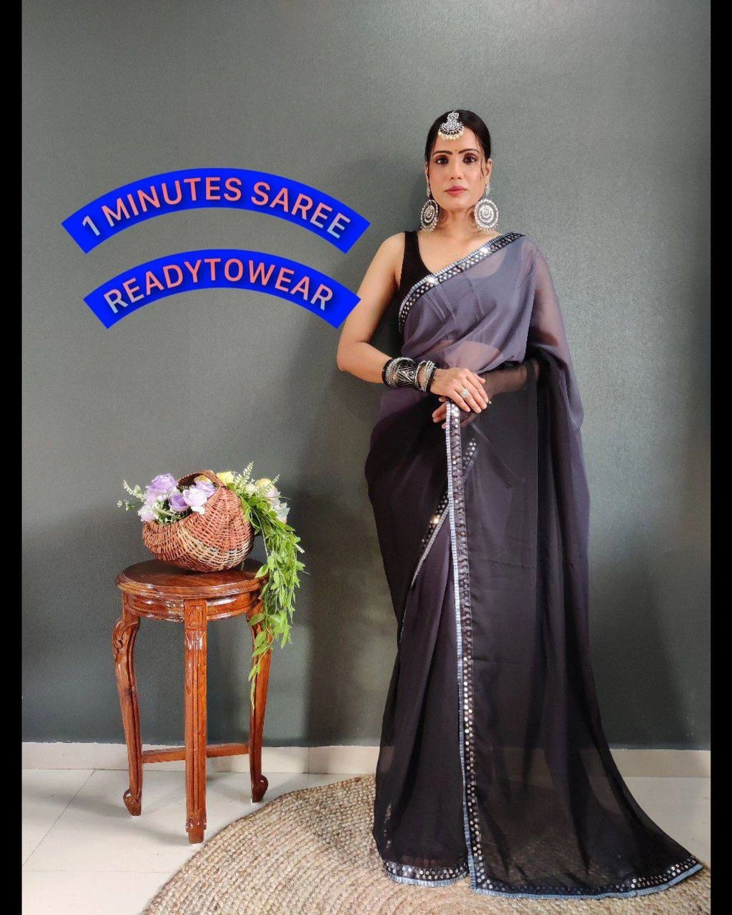 Instant Glam Saree Set - Pure Gorgette Two Shaded-RVR-11-Black