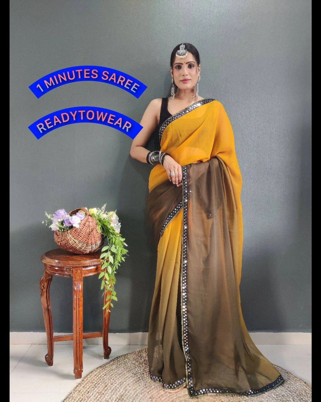 Instant Glam Saree Set - Pure Gorgette Two Shaded-RVR-11-Mustard