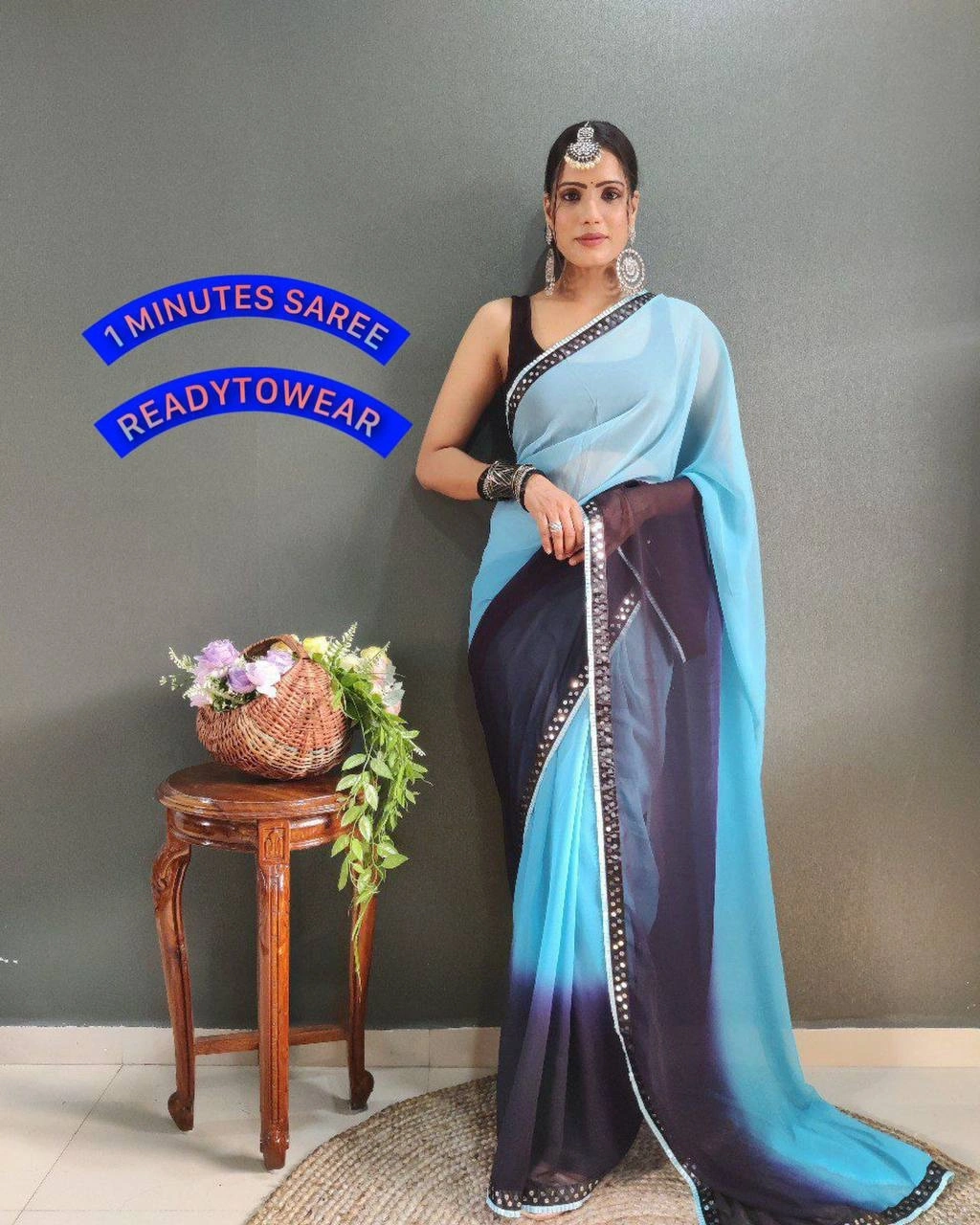 Instant Glam Saree Set - Pure Gorgette Two Shaded-RVR-11-SkyBlue