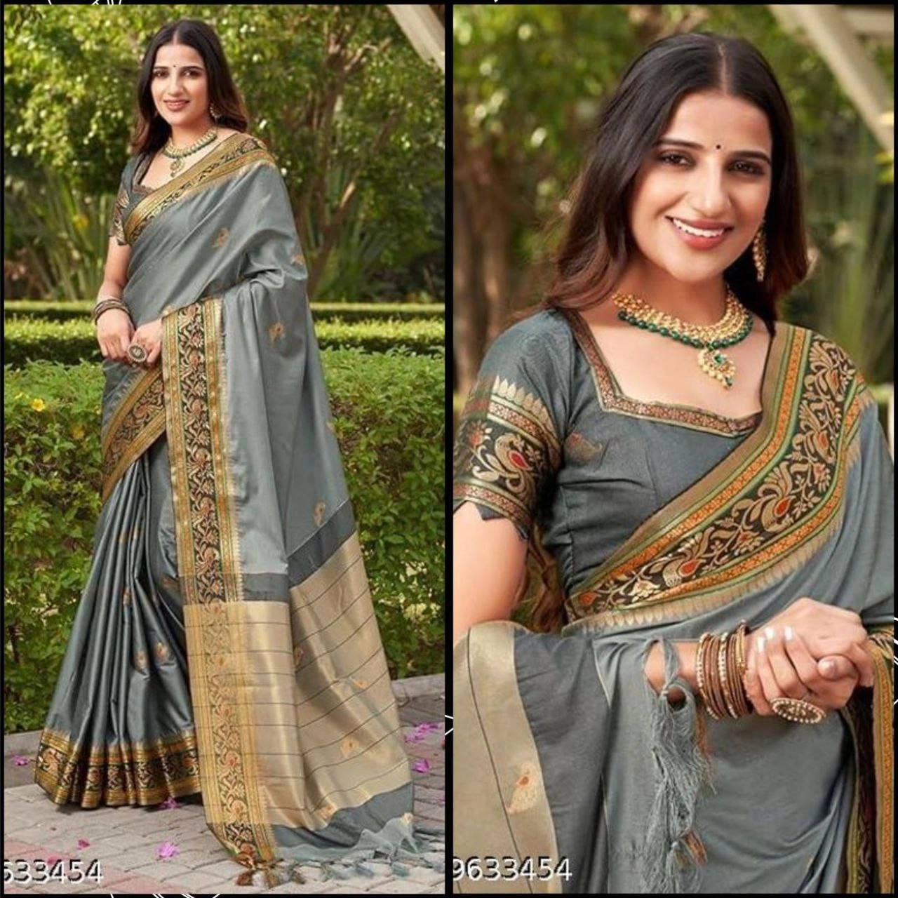 Silk Cotton Saree Set with Jaquard Mina Butti-RVR-SONI-PEACOCK-Grey