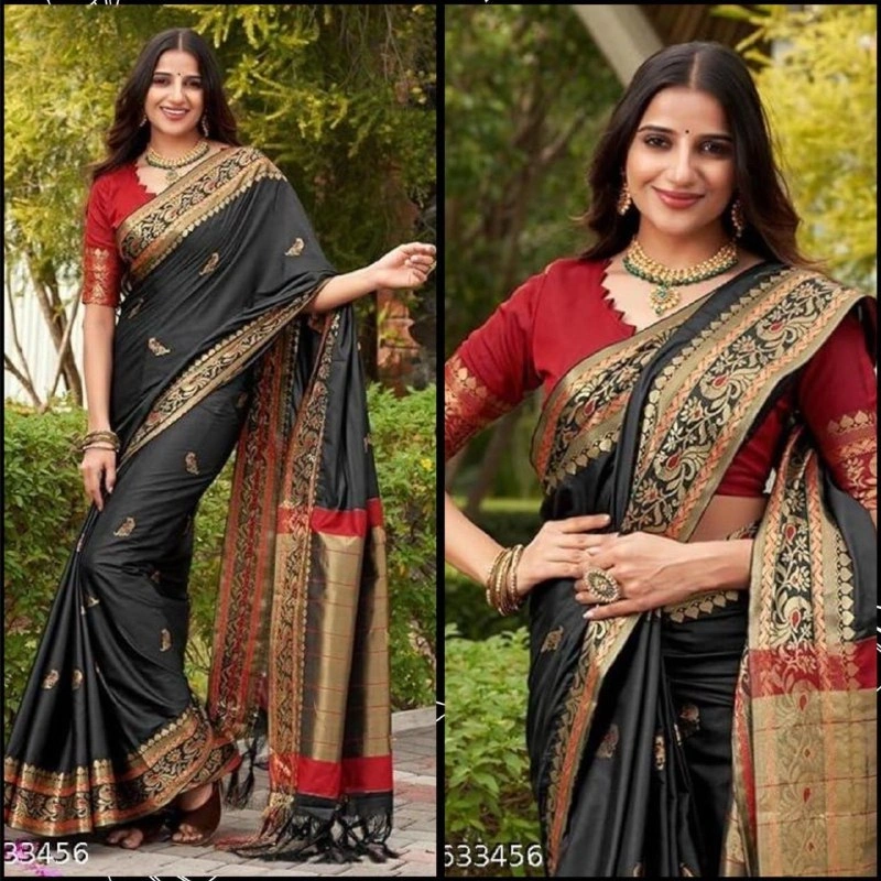 Silk Cotton Saree Set with Jaquard Mina Butti-RVR-SONI-PEACOCK-Black