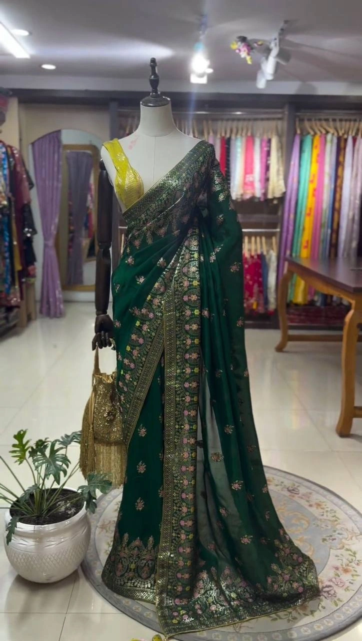 Beautiful Designer Saree: Georgette Fabric, Intricate Thread Work, Matching Blouse-Green-2