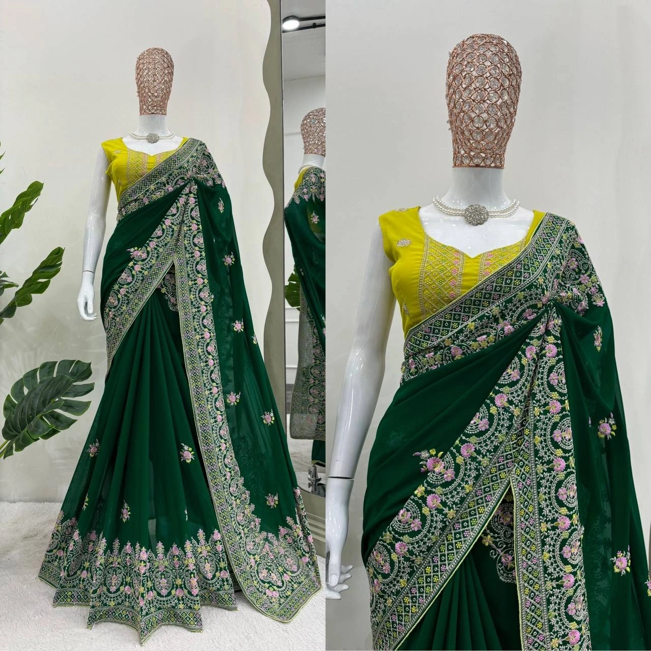 Beautiful Designer Saree: Georgette Fabric, Intricate Thread Work, Matching Blouse-Green-3