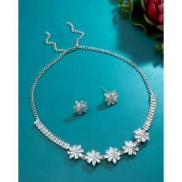 White Brass Plated Silver American Diamond Set - Festive & Traditional